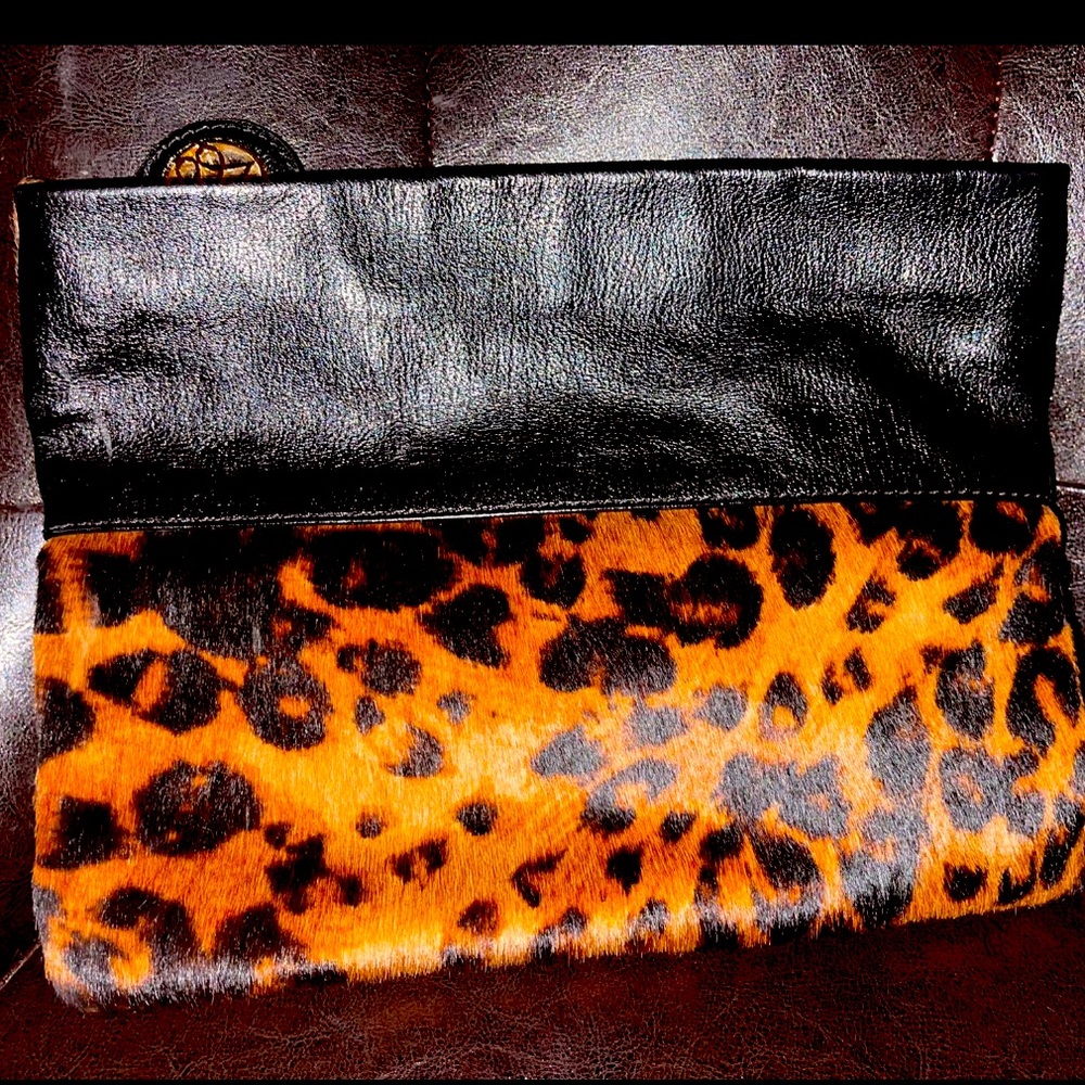 Leather and Leopard Print Antonio Melani Clutch Bag.